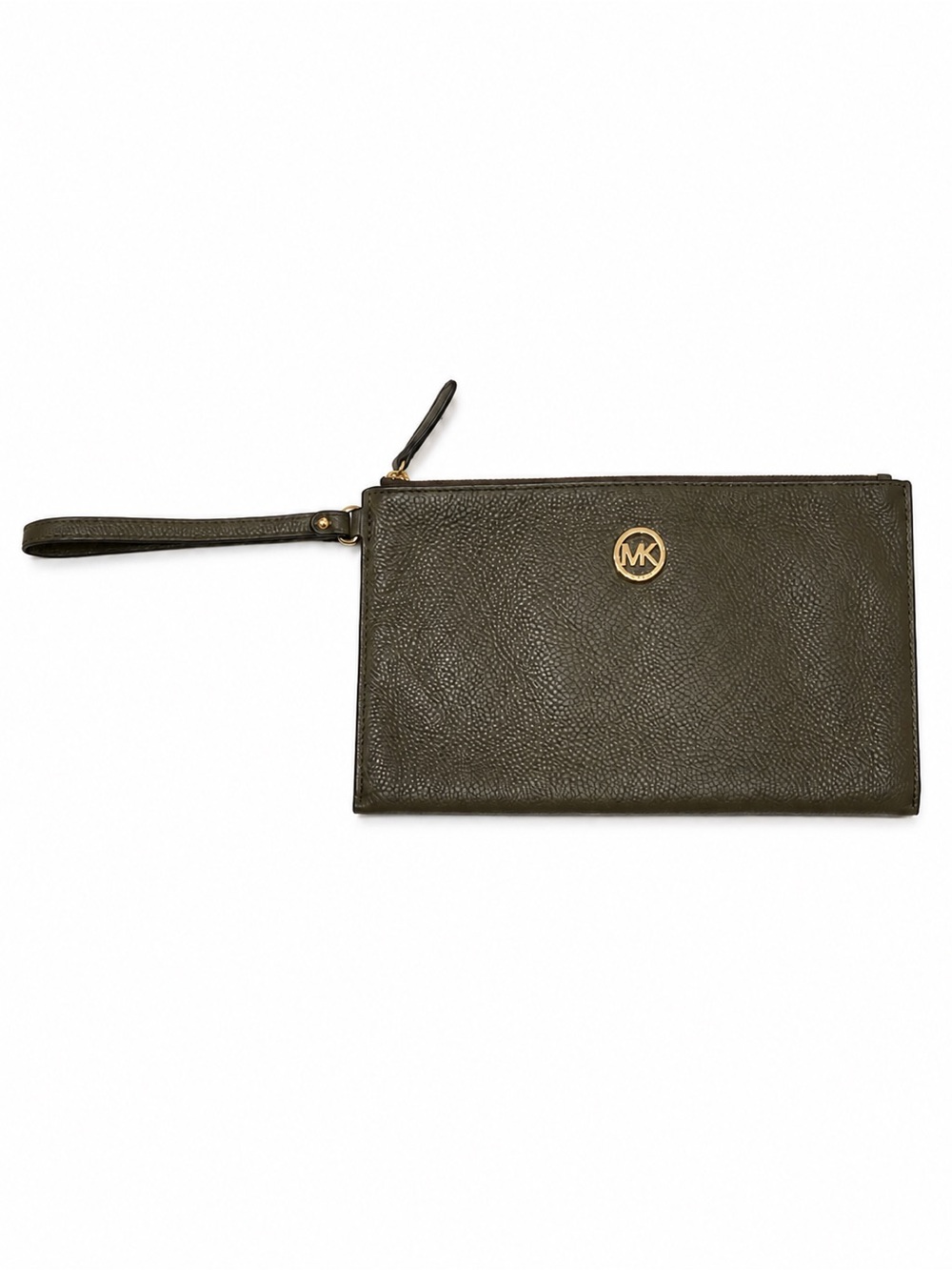 Michael Kors Fulton Large Leather Clutch Wristlet Olive Green Gold Logo
